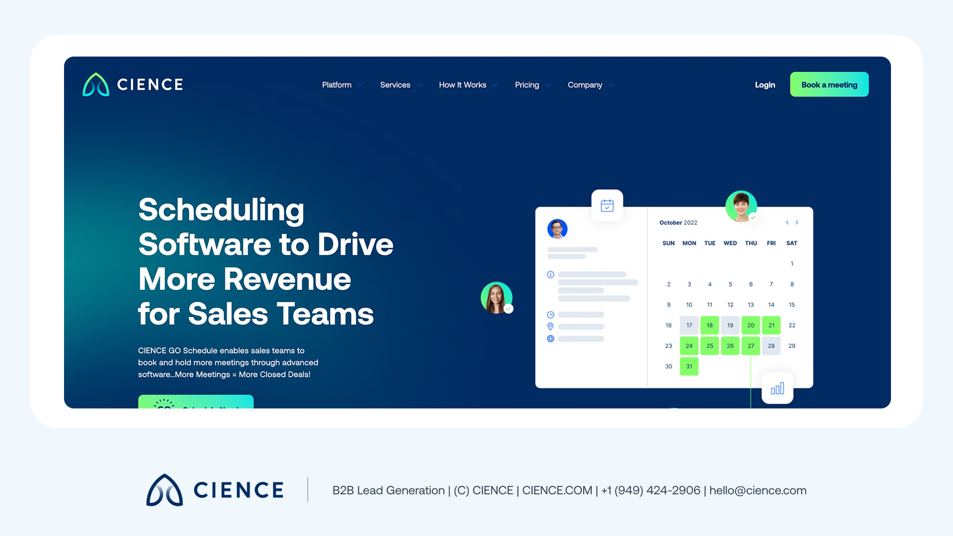 CIENCE GO Schedule interface showing round-robin assignment, calendar sync, and sales team workflow features